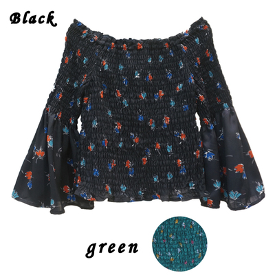 日单贵牌一字领露肩喇叭袖碎花衬衫 新款荷叶边辣妹甜美短上衣