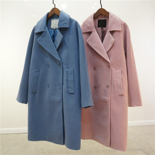 简约廓形明线设计车线毛呢大衣 新品双排扣中长款羊毛呢子外套