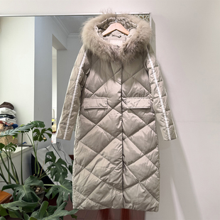 厚实过膝长款90白鸭绒连帽羽绒服 新款格菱纹绗缝大衣羽绒外套