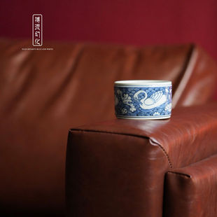 景德镇 搏泥幻化 柴窑元青花 海水白鹭大直口杯 主人杯 手握杯