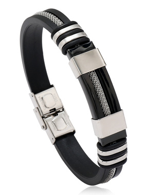 欧美跨境纯钢色电镀蛇纹链时尚手链钛钢硅胶手环外贸不锈钢手链男