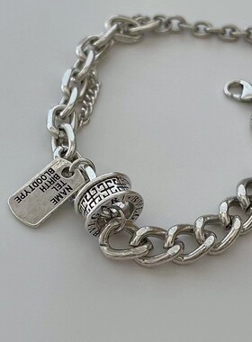 嘻哈潮酷方牌做旧手链女ins简约小众冷淡风个性设计感双层手饰男