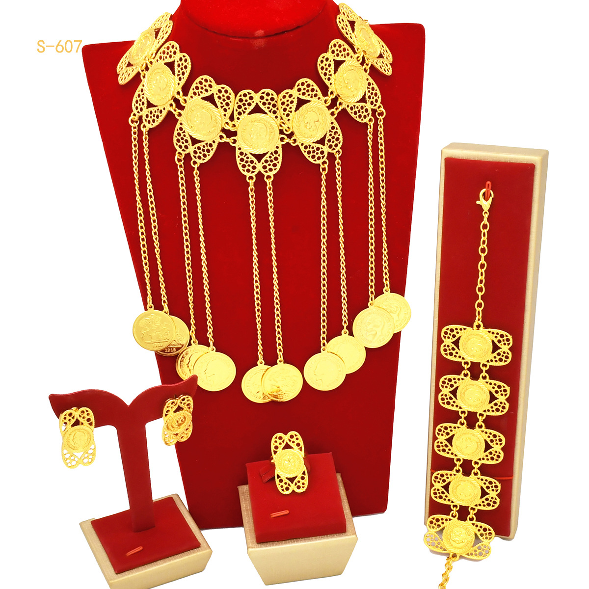 迪拜中东沙金24K拍照道具四件套项链手链耳饰戒指新娘结婚首饰品