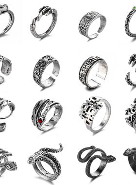 亚马逊合金朋克手饰嘻哈开口戒指冷淡风饰品蛇形动物组合指环批发