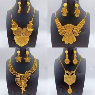 迪拜沙特仿黄金项链耳环晚会首饰套装阿拉伯新娘合金饰品 Jewelry