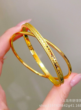 仿金店同款沙金999龙鳞双环手镯女黄铜镀金cnc高闪亮片时尚手镯