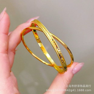 仿金店同款沙金999龙鳞双环手镯女黄铜镀金cnc高闪亮片时尚手镯