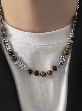 新款虎眼石碎银串珠拼接不锈钢项链男女百搭嘻哈中性不掉色锁骨链
