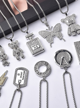 跨境不锈钢项链女潮新款可爱镶钻项链吊坠男潮嘻哈挂坠长款毛衣链