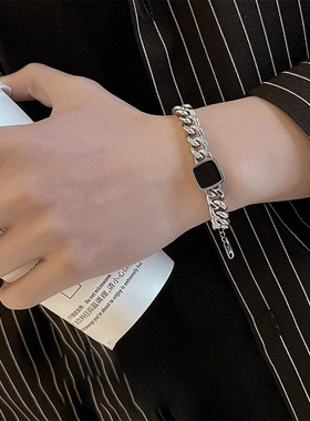 方形古巴手链男钛钢不掉色潮流百搭复古小众首饰女高级感配饰饰品