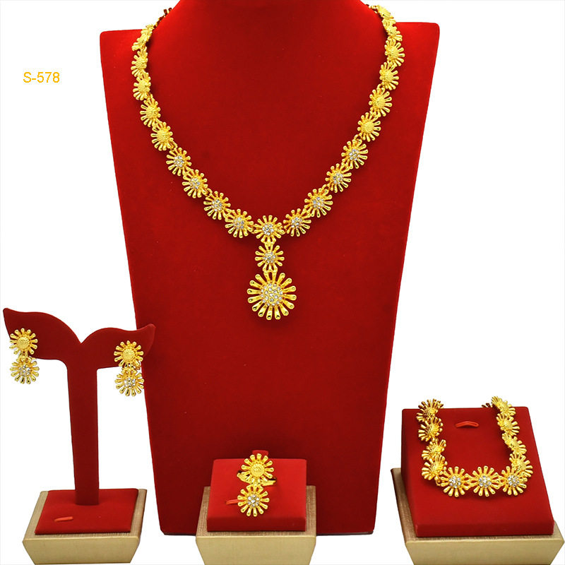 跨境沙特阿拉伯热销饰品套装镀金首饰花形项链手镯耳环戒指四件套,饰品/流行首饰/时尚饰品新,组合套装,淘宝优惠券,粉丝福利购,淘宝优惠卷