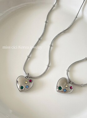 【新品推荐】洗澡不用摘 百搭钛钢立体爱心彩色锆石 蛇骨链项链女