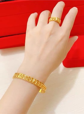 越南沙金镀金铜钱开口手镯女款时尚婚庆金钱手镯戒指货源跨境