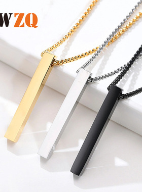 跨境新品不锈钢嘻哈项链男士冷淡风长方形立体项链情侣吊坠饰品