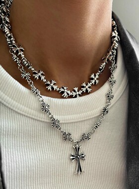 十字架项链批发欧美跨境饰品时尚嘻哈不掉色项饰男双层叠戴古巴链