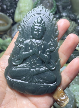 天然和田玉青玉观音挂牌小摆