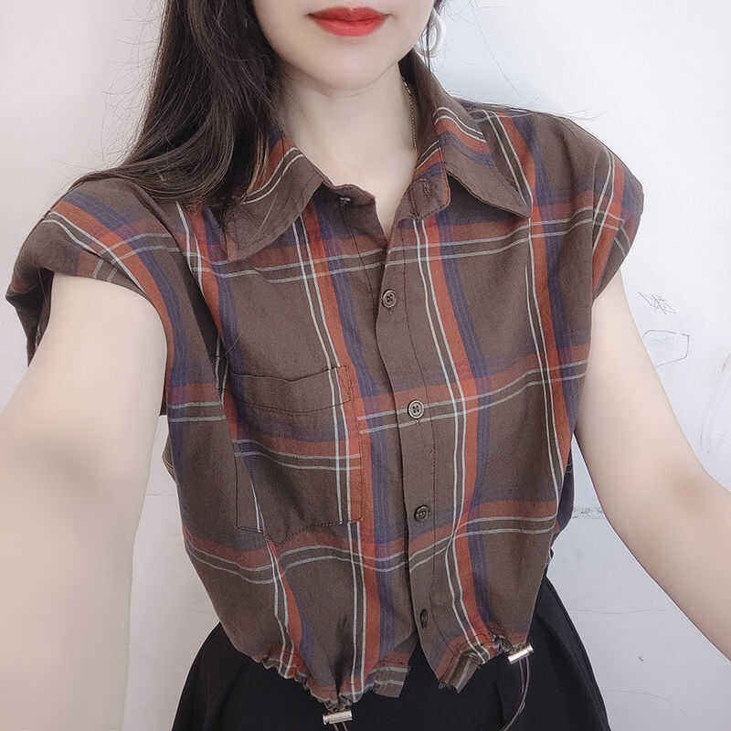 上衣polo领格子减龄短款夏季休闲