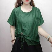 新薄款 2023夏季 t恤女宽松休闲上衣T 雪纺衫 欧货宽松抽绳不规则短袖