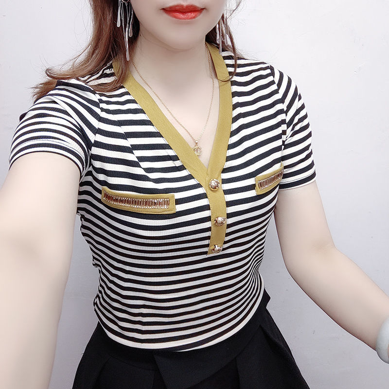 条纹V领短袖T恤女2026夏季T恤