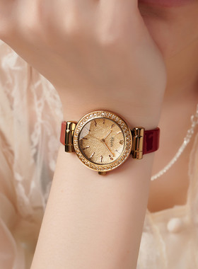 聚利时韩版时尚水钻女式腕表高档女表百搭喜庆红色气质复古手表女