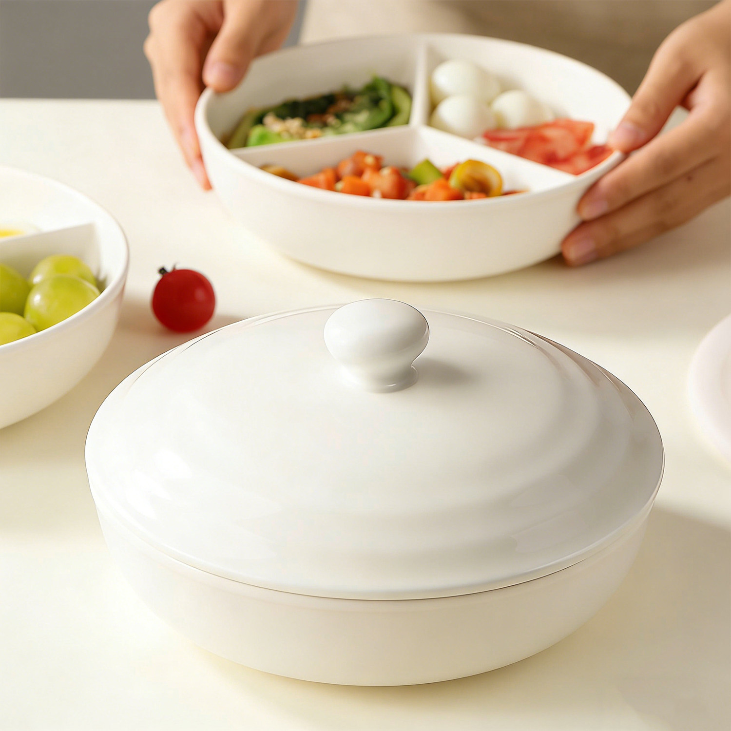 陶瓷家用三分格蒸盘带盖加深食品级餐盘宝宝辅食餐具蒸菜大号碗