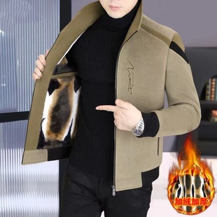 秋冬季新款男士立领夹克加绒加厚休闲外套保暖高端休闲呢子大衣潮