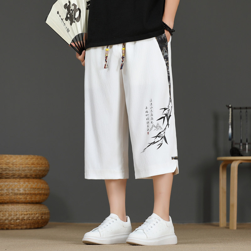 新中式男士休闲七分裤白色直筒宽松薄款国风中裤潮流帅气八分短裤