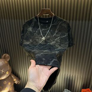 春夏新款裂变短袖男款满天星破洞T恤男上衣爆款轻奢半袖圆领潮流