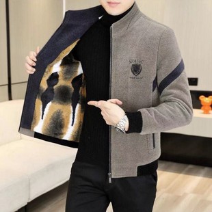 男士毛呢大衣短款立领夹克中青年潮流加绒加厚金貂绒呢子外套上衣