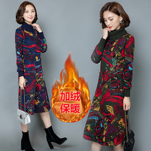 印花棉麻高领连衣裙 加绒夹棉加厚打底中长裙女秋冬民族风大码 长袖