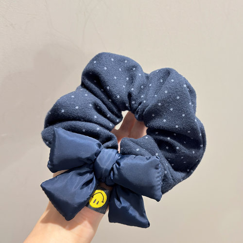 出口韩国高品质藏青笑脸蝴蝶结波点大肠发气质百搭马尾发绳头绳女