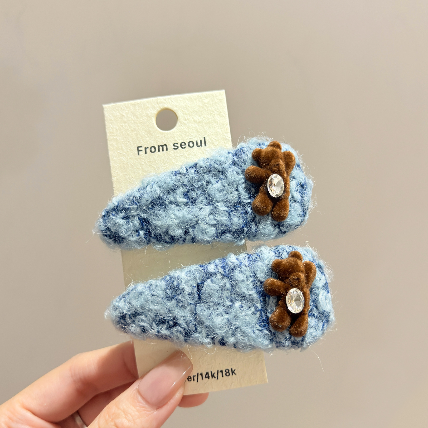 韩国秋冬个性蓝色羊毛卷小熊发夹可爱甜美少女侧边刘海碎发BB夹子