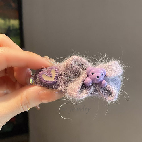 韩版东大门甜美毛绒卡通小熊毛线蝴蝶结发夹女气质小众碎发一字夹