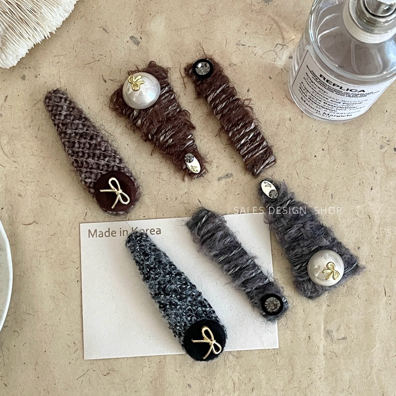 秋冬新款复古毛线缠绕珍珠蝴蝶结发夹轻奢高级感边夹时尚气质BB夹