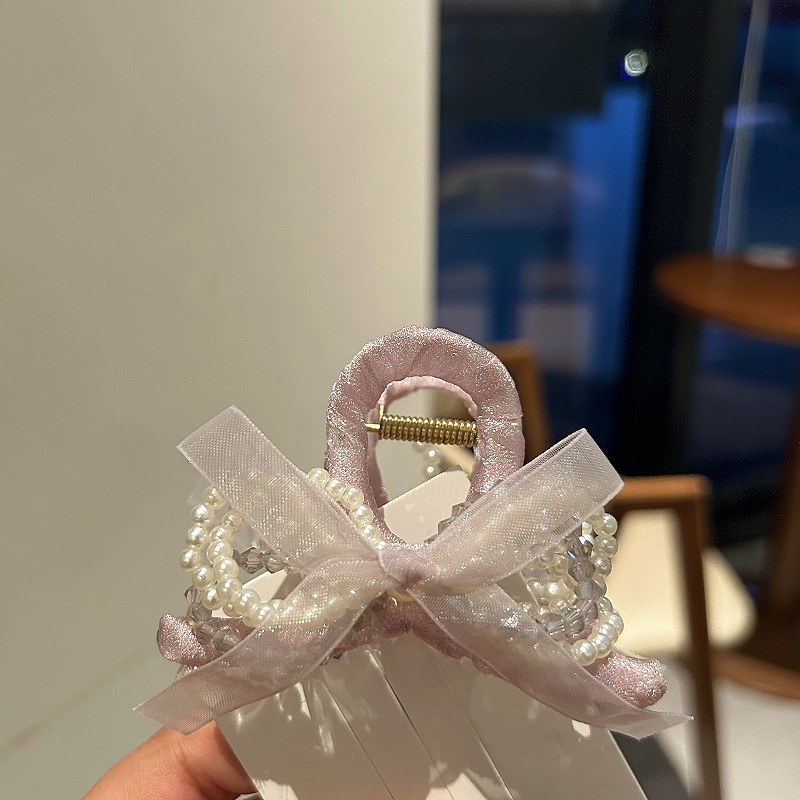 高级法式珍珠水晶流苏结抓夹女后脑勺鲨鱼夹发夹网红磨砂发抓