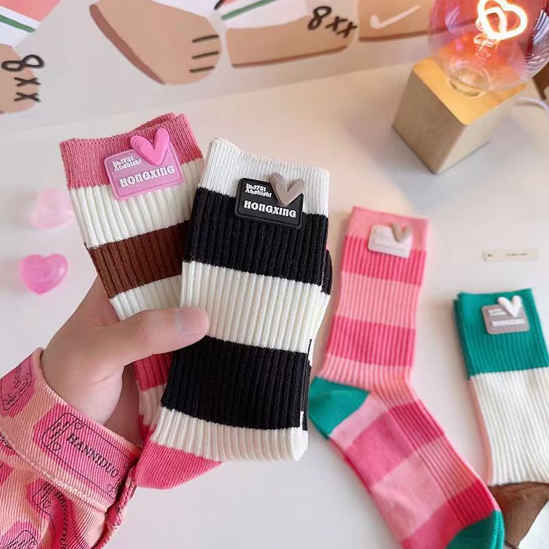 袜子女夏季薄款条纹多巴胺粉色中筒袜拼色糖果色可爱个性纯棉长袜