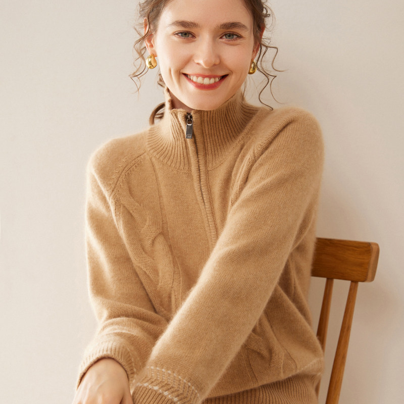 25秋冬新款半开拉链翻领羊绒衫加厚麻花打底女宽松加厚插肩袖打底