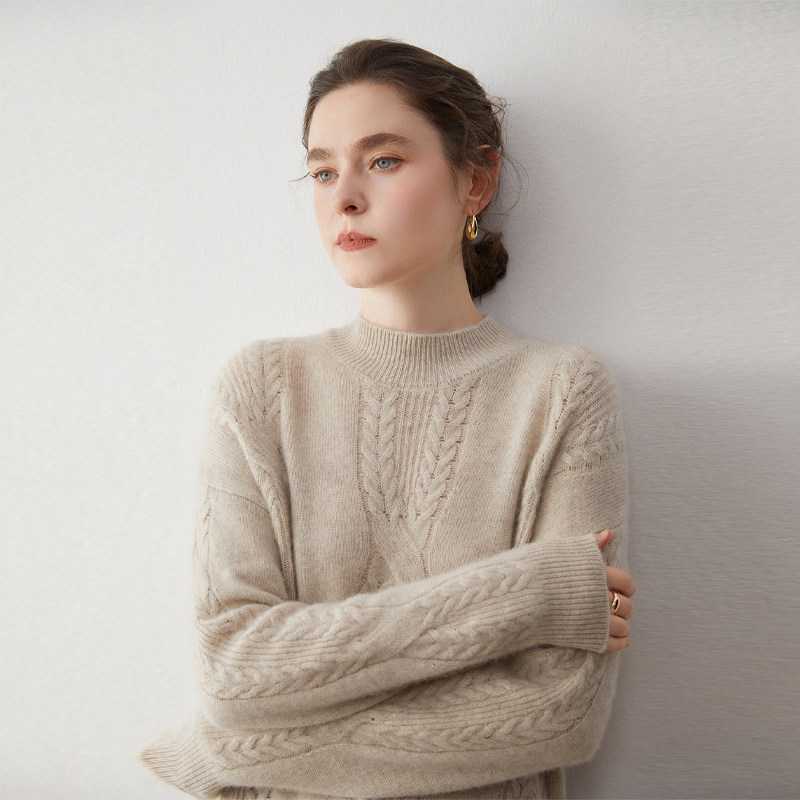 重工麻花七针加厚羊绒衫女半高领麦穗设计感上衣高端保暖打底衫