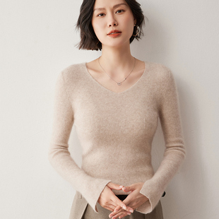 针织百搭打底毛衣韩版 套头修身 女V领短款 2024秋冬100%纯羊绒衫