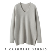 V领中长款 气质开叉山羊绒上衣宽松显瘦长袖 针织打底别致小众毛衣