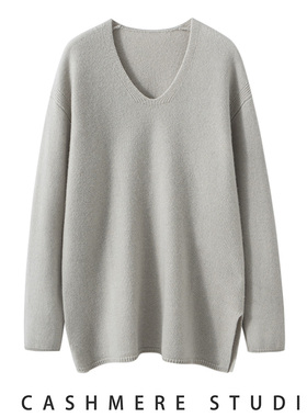 V领中长款气质开叉山羊绒上衣宽松显瘦长袖针织打底别致小众毛衣