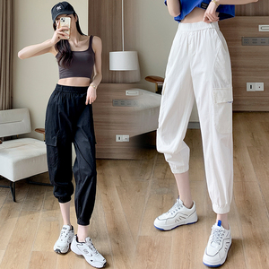 RM10373#夏季新款百搭显瘦高腰洗水棉韩版束脚九分休闲裤工装哈伦裤女