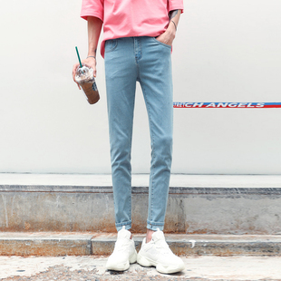 日系复古做旧洗水高弹力牛仔裤男ins小脚裤子时尚休闲显瘦slp长裤