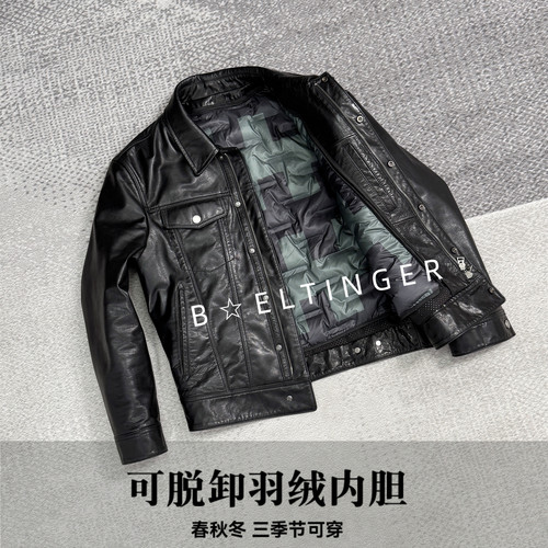 真皮短款黑色翻领鹅绒服机车夹克