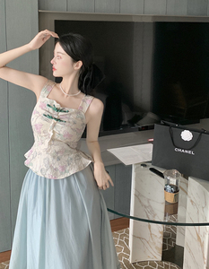 RM19656#盐系优雅复古气质高级感印花方领吊带外穿背心上衣女