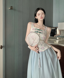 RM19656#盐系优雅复古气质高级感印花方领吊带外穿背心上衣女