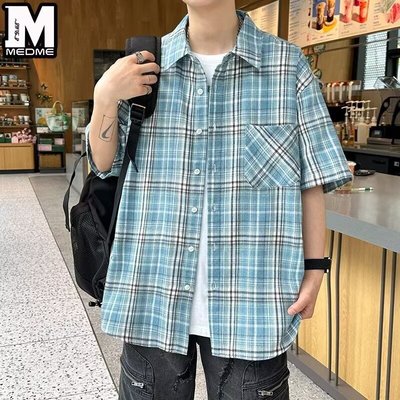 vintage蓝色格子衬衫短袖男夏季美式复古半袖高级感格纹衬衣外套