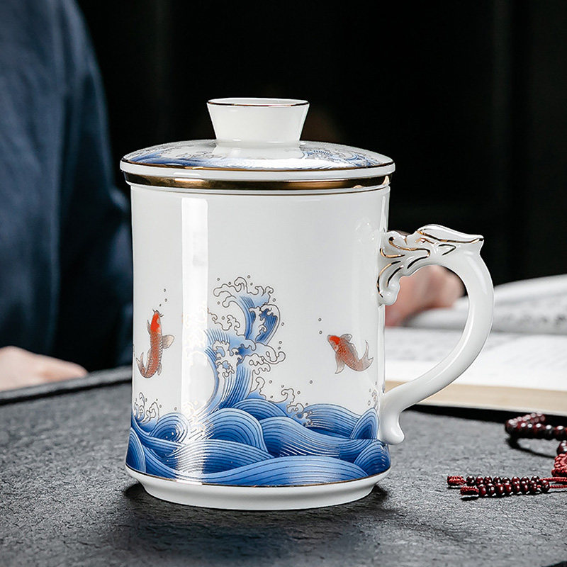 陶瓷喝水杯马克杯带盖杯子大容量带茶隔过滤泡茶杯办公室家用礼品