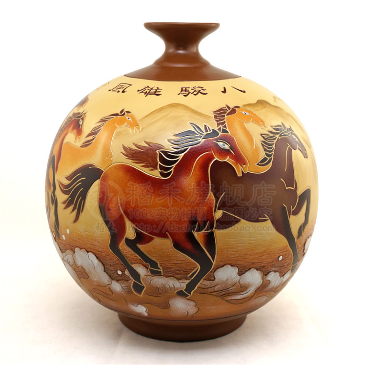 清仓彩陶工艺品手绘陶瓷陶艺八骏图圆瓶子家居客厅玄关装饰品摆件