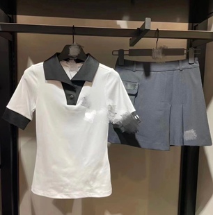 女春夏翻领黑白拼接短袖 韩国高尔夫服装 t恤防走光高腰速干A字短裙